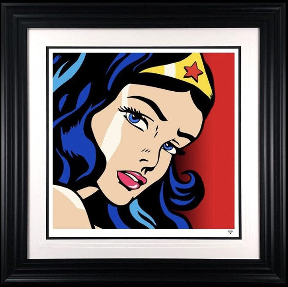 wonder woman pop print framed in black by artist jj adams