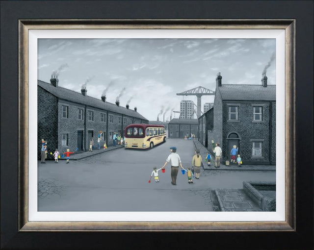 all aboard for the seaside framed canvas print by artist leigh lambert