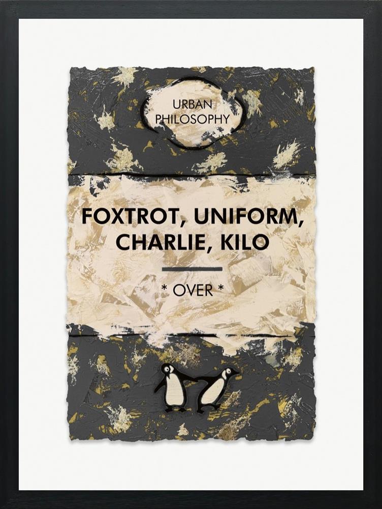 foxtrot uniform charlie kilo gold leafed framed print by artist hue folk