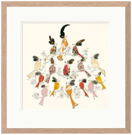 birdsong print framed in light walnut veneer by artist anna wright