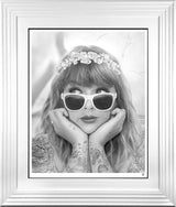 champagne problems black and white print framed in white by artist jj adams