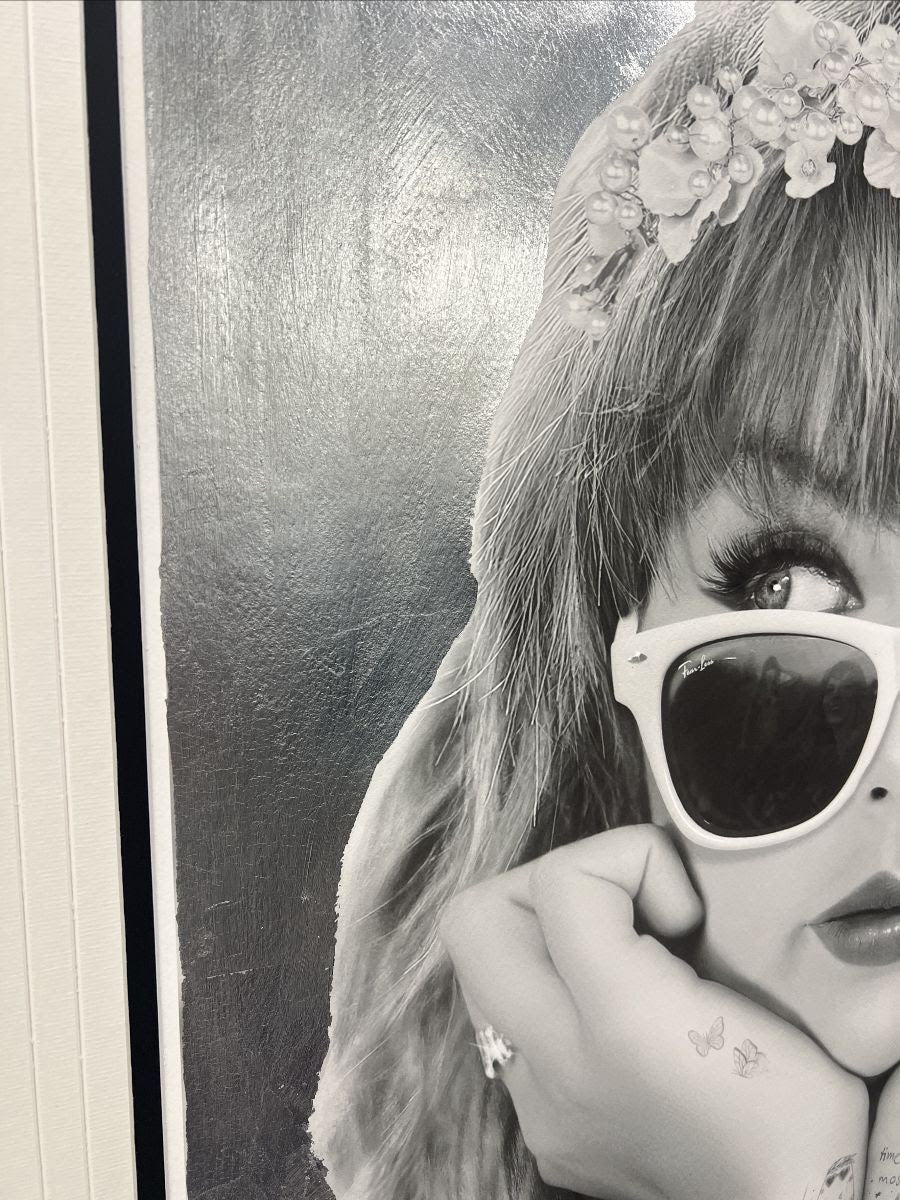 champagne problems black and white print embellished with platium leaf close up 2 by artist jj adams