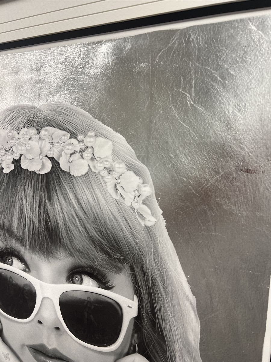 champagne problems black and white print embellished with platinum leaf close up 1 by artist jj adams