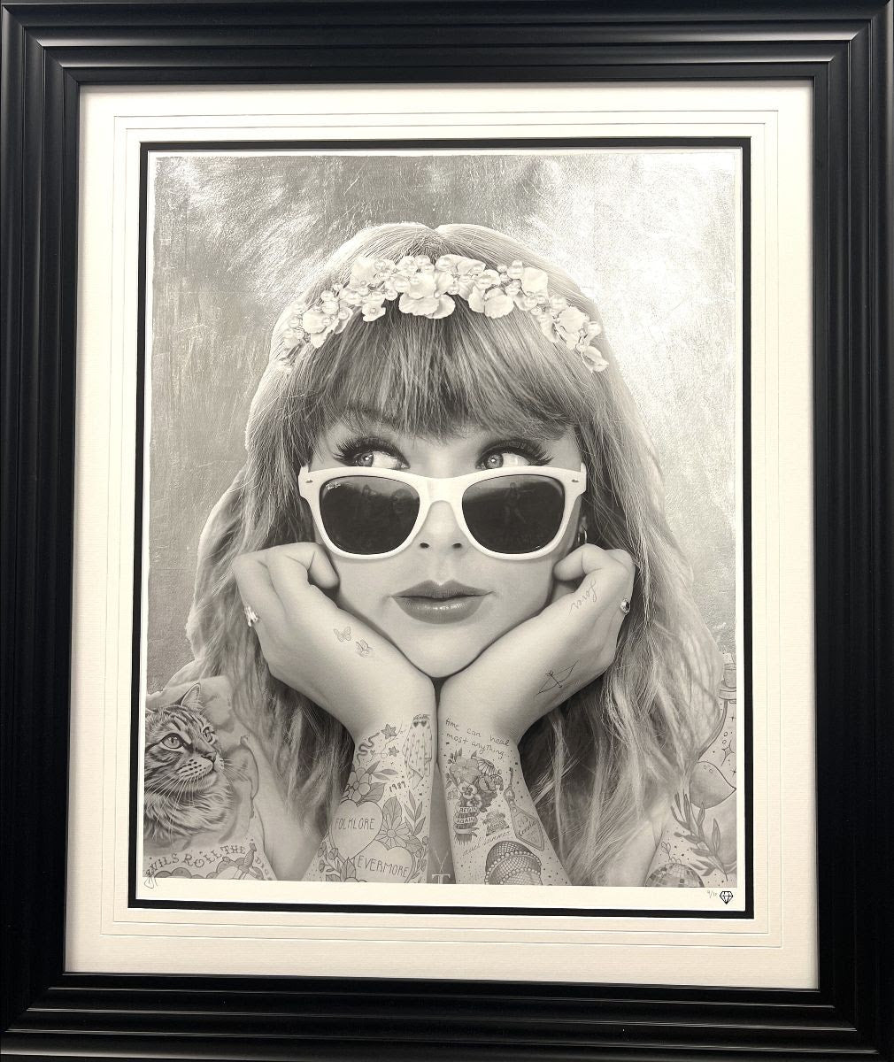 champagne problems black and white print embellished with platinum leaf framed by artist jj adams