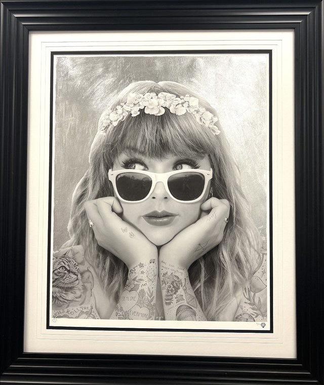 champagne problems black and white print embellished with platinum leaf framed by artist jj adams