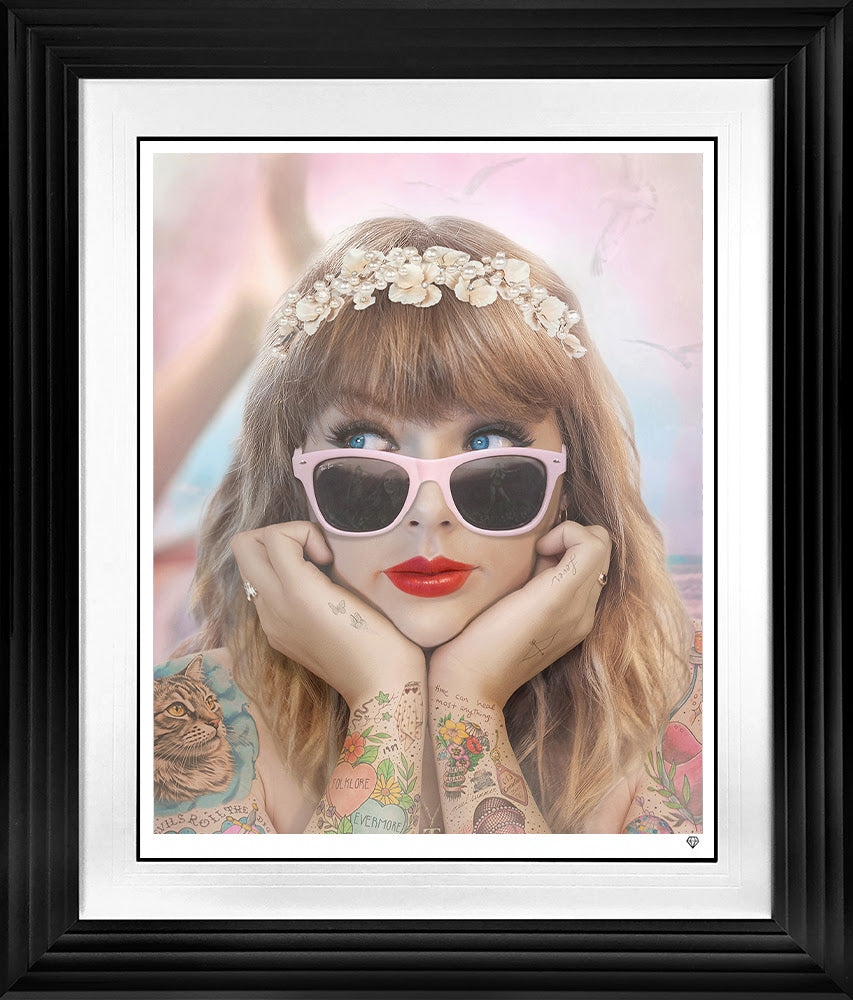 champagne problems colour print framed in black by artist jj adams