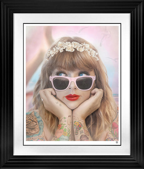 champagne problems colour print framed in black by artist jj adams
