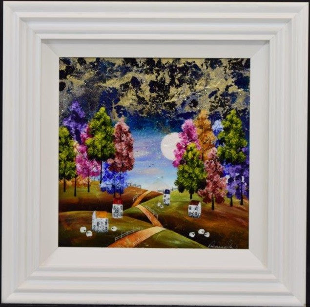under the harvest moon framed original by artist rozanne bell