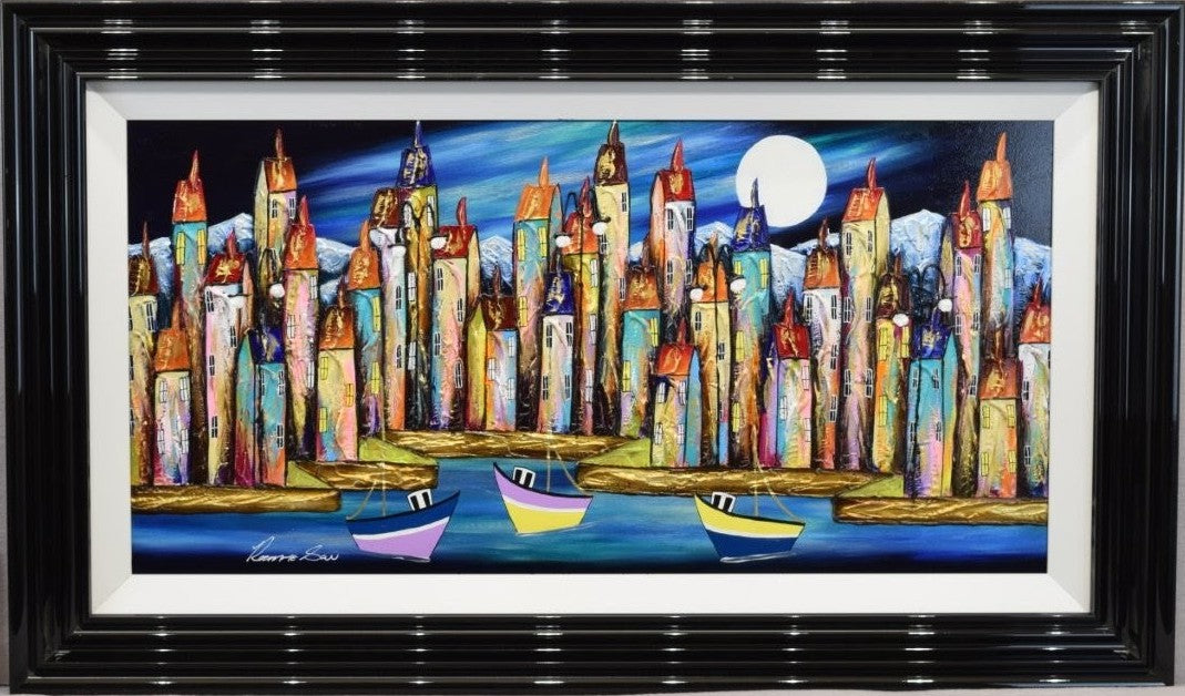 evening moorings framed original by artist rozanne bell