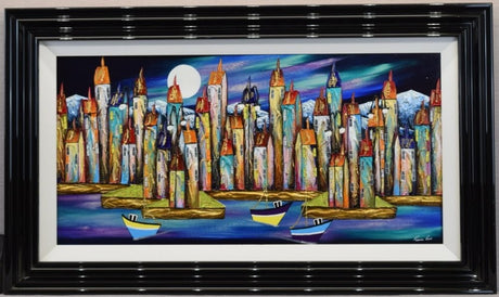 harbour nights original framed by artist rozanne bell