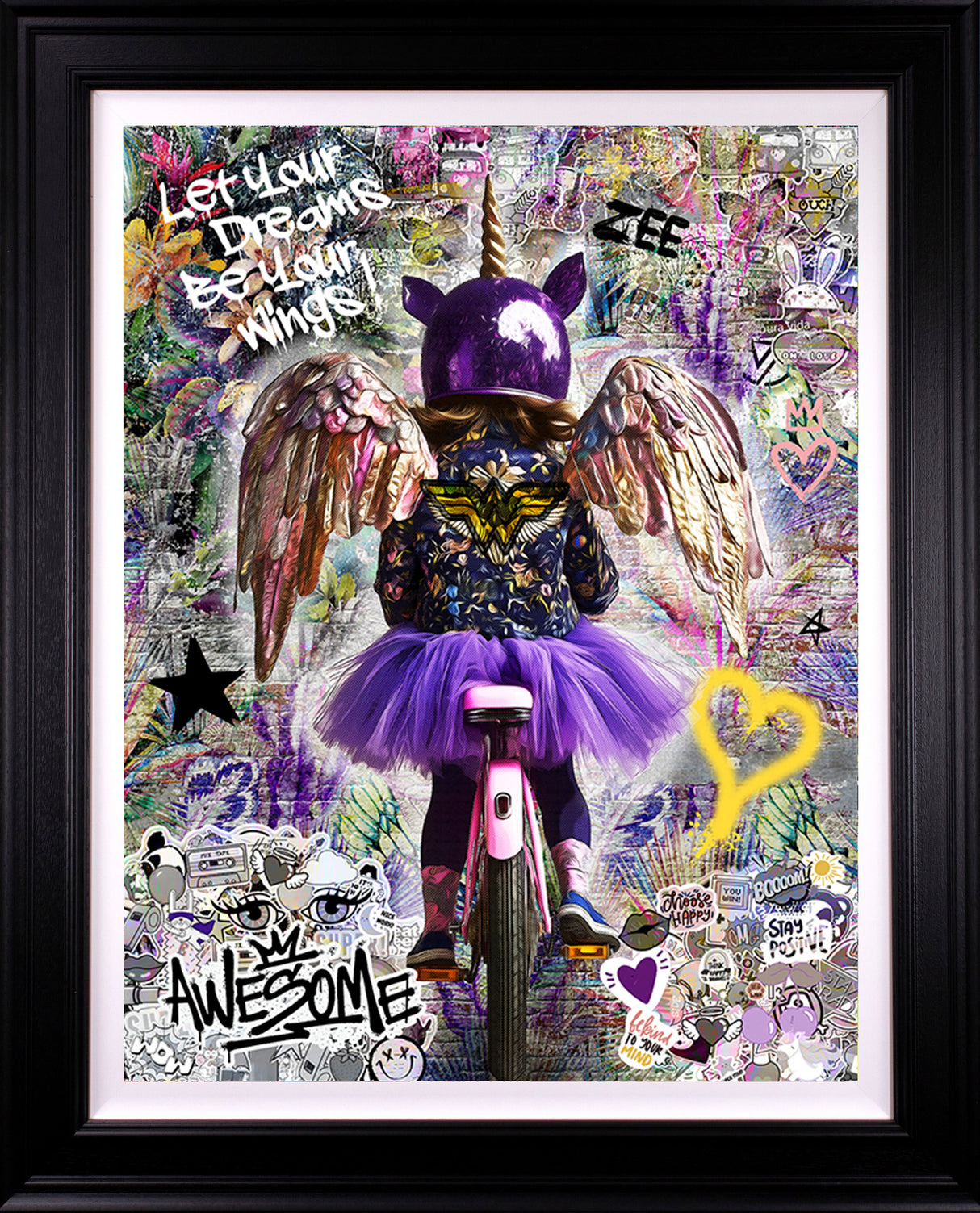 let your dreams be your wings deluxe edition black framed print by artist zee