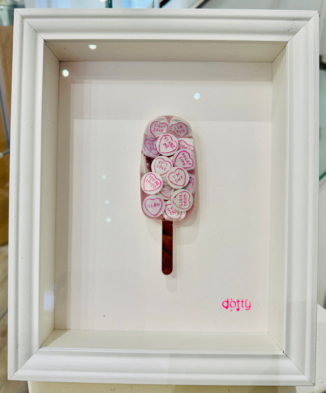 love hearts original resin lollipop framed by artist dotty