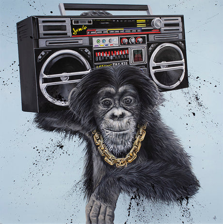 run chimppanzee mounted print by artist dean martin