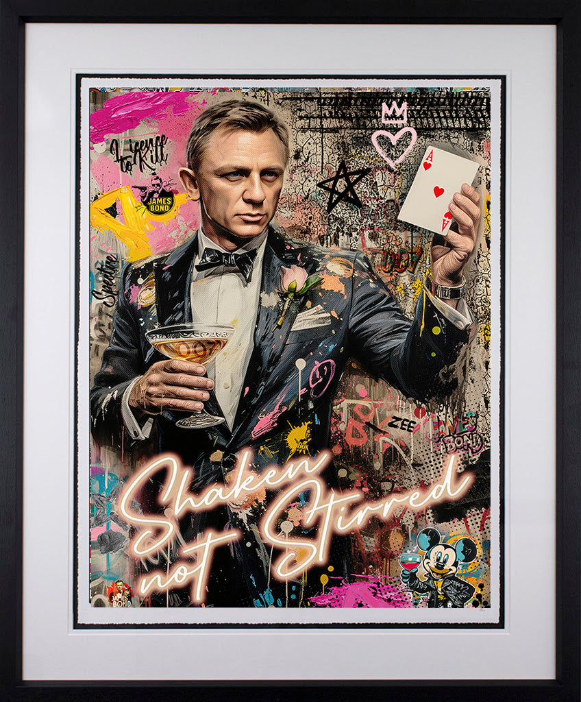 shaken not stirred black framed print by artist zee
