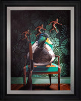 sitting duck hand embellished canvas print framed by artist angus gardner