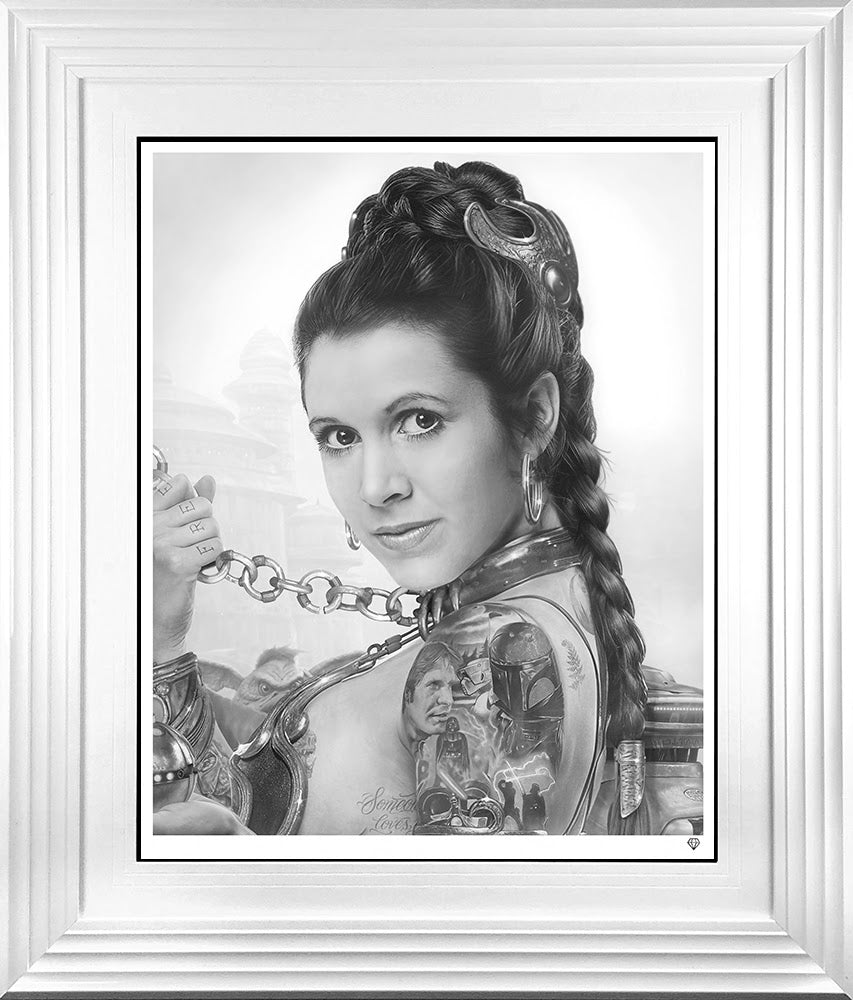 slave leia tattoo black and white print framed in white by artist jj adams