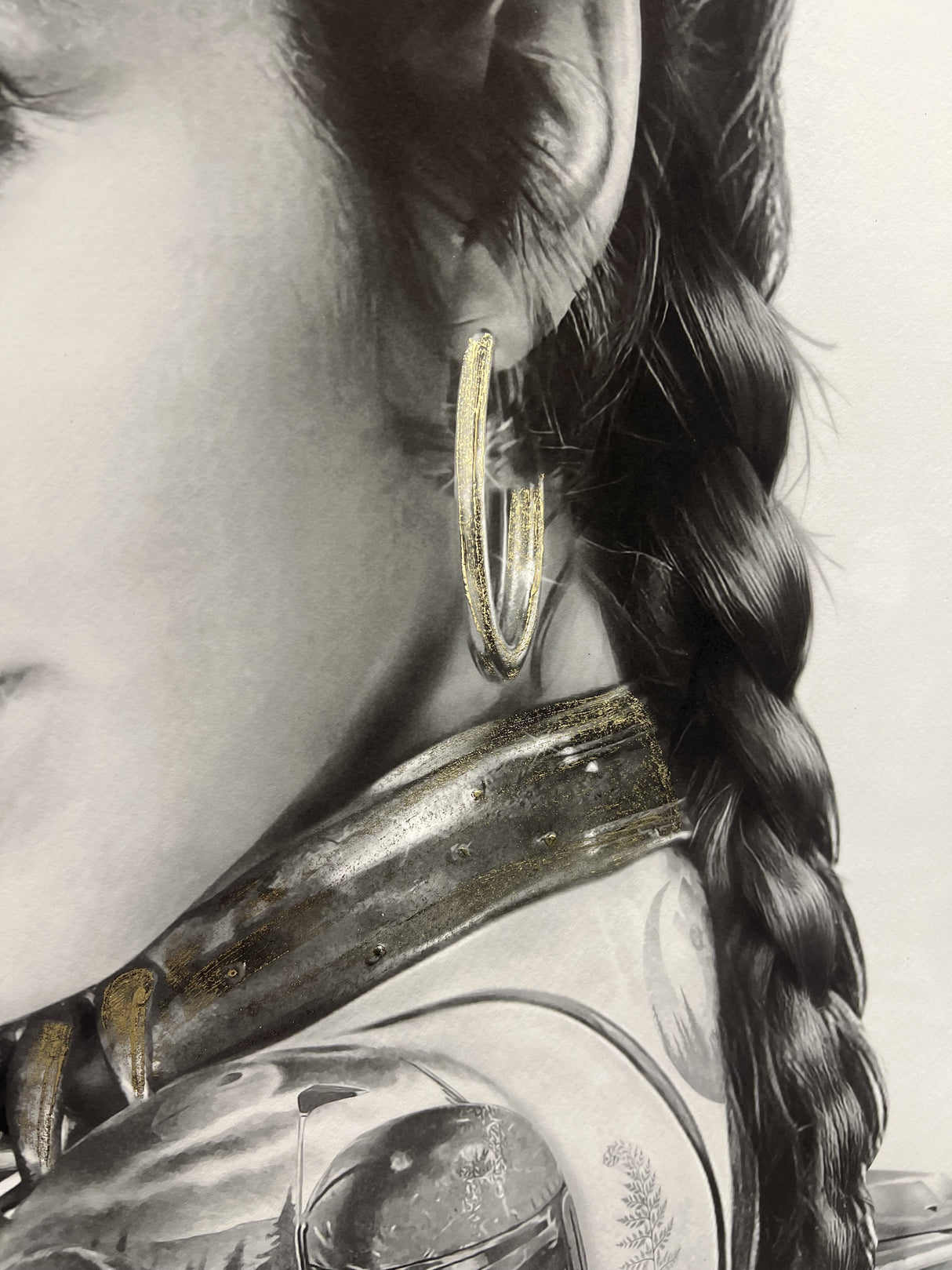 slave leia tattoo black and white print embellished with gold and platinum leaf close up 1 by artist jj adams