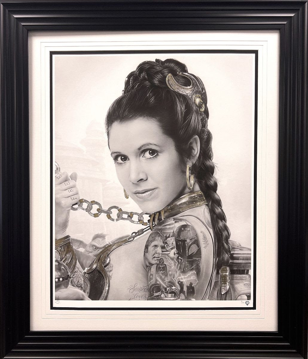 slave leia tattoo black and white print embellished with gold and platinum leaf framed by artist jj adams