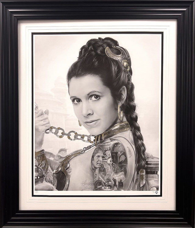 slave leia tattoo black and white print embellished with gold and platinum leaf framed by artist jj adams