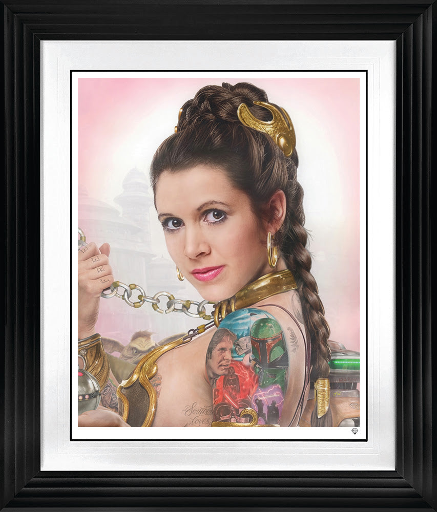 slave leia tattoo colour print framed in black by artist jj adams