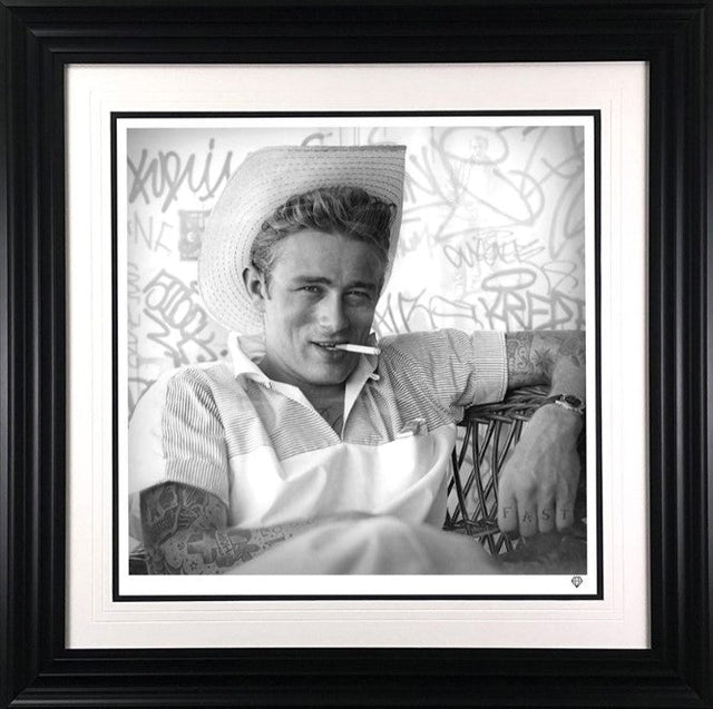 smoing gun james dean black and white print framed in black by artist jj adams