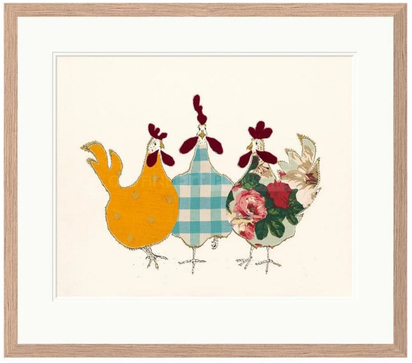 spring chickens print framed in light walnut veneer by artist anna wright