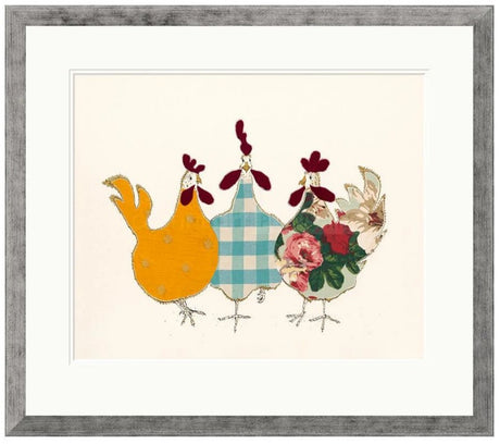 spring chickens print framed in pewter by artist anna wright