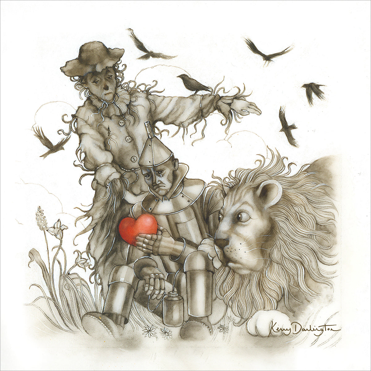 the scarecrow the tin man and the coardly lion sketch edition print by artist kerry darlington