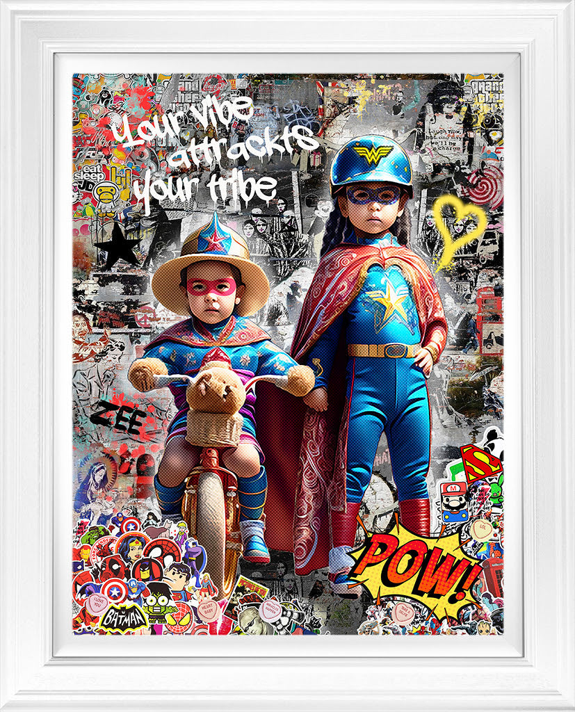 your vibe attracts your tribe deluxe editiom white framed print by artist zee